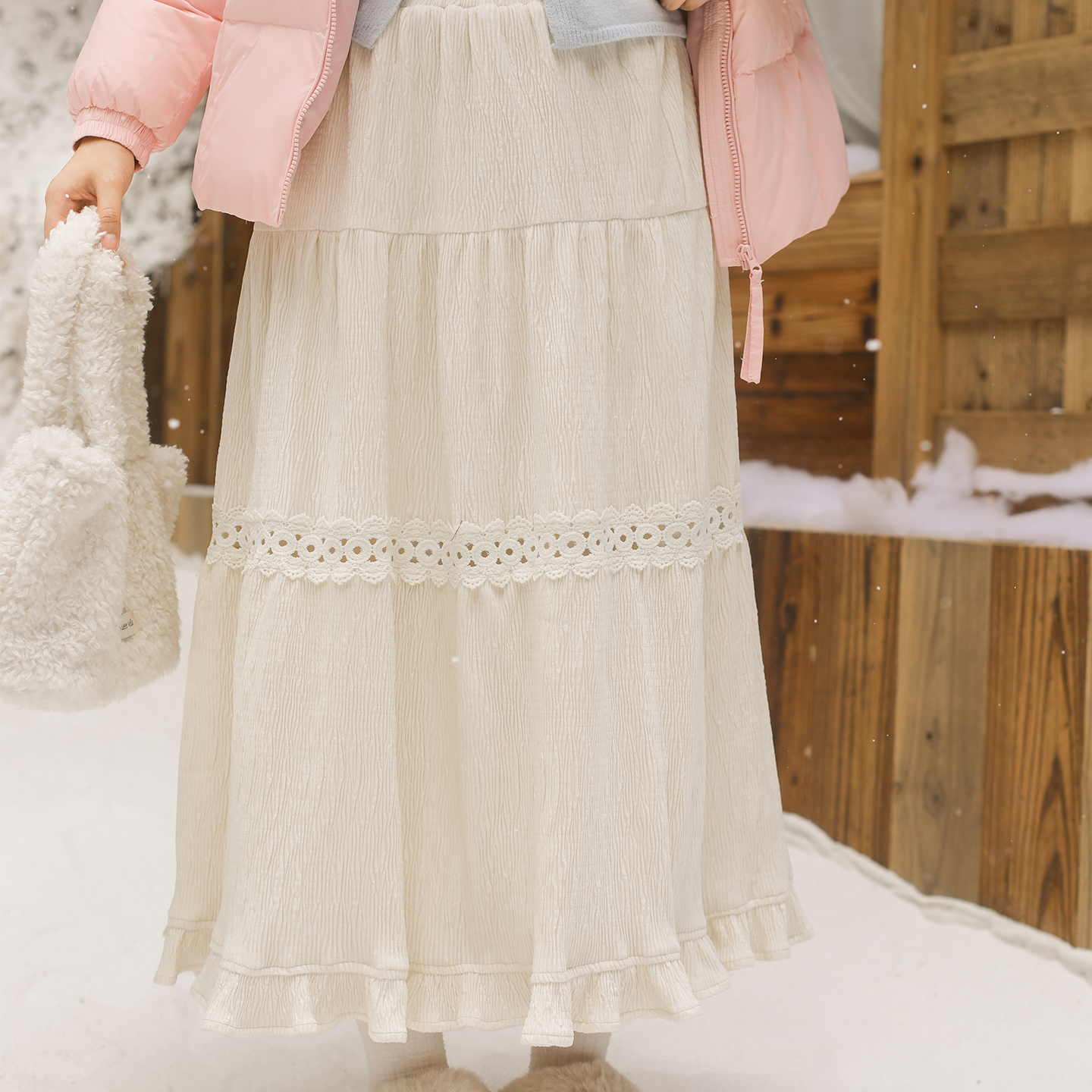 DM100大码百分百女装微胖mm冬季甜美百搭杏色伞摆荷叶边长半身裙