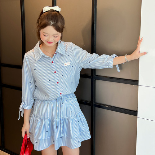 DM100大码百分百女装秋微胖mm韩系学院风蝴蝶结条纹衬衫半裙套装