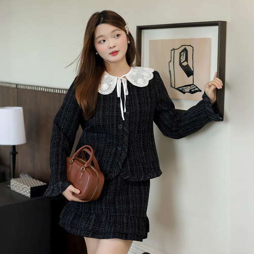 DM100大码百分百女装微胖mm秋冬甜美可拆卸娃娃领小香风编织套装