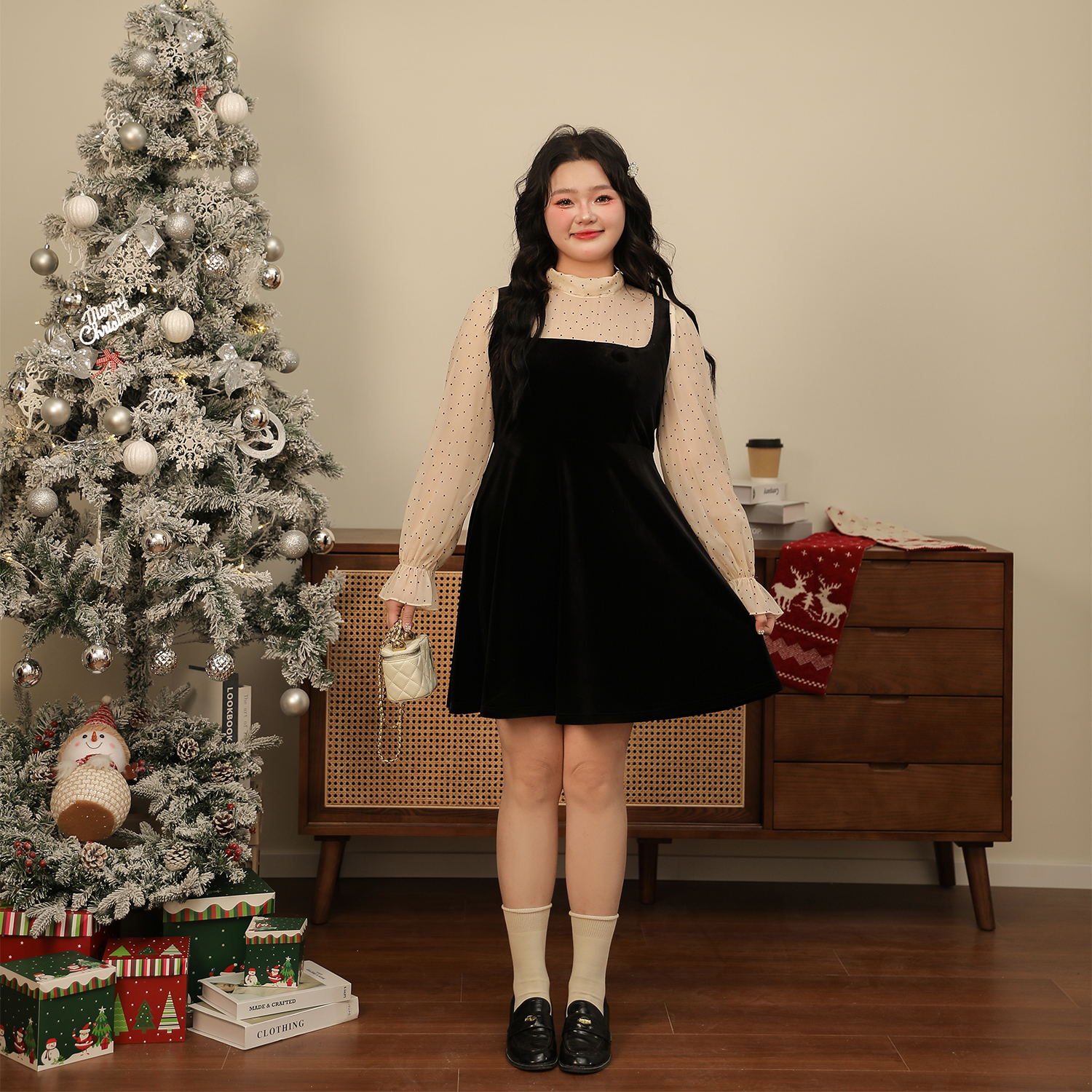 DM100大码百分百微胖mm女装半高领假两件弹力丝绒法式波点连衣裙