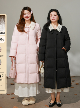 DM100大码百分百女装微胖mm冬季花边翻领正肩收腰长款羽绒服外套