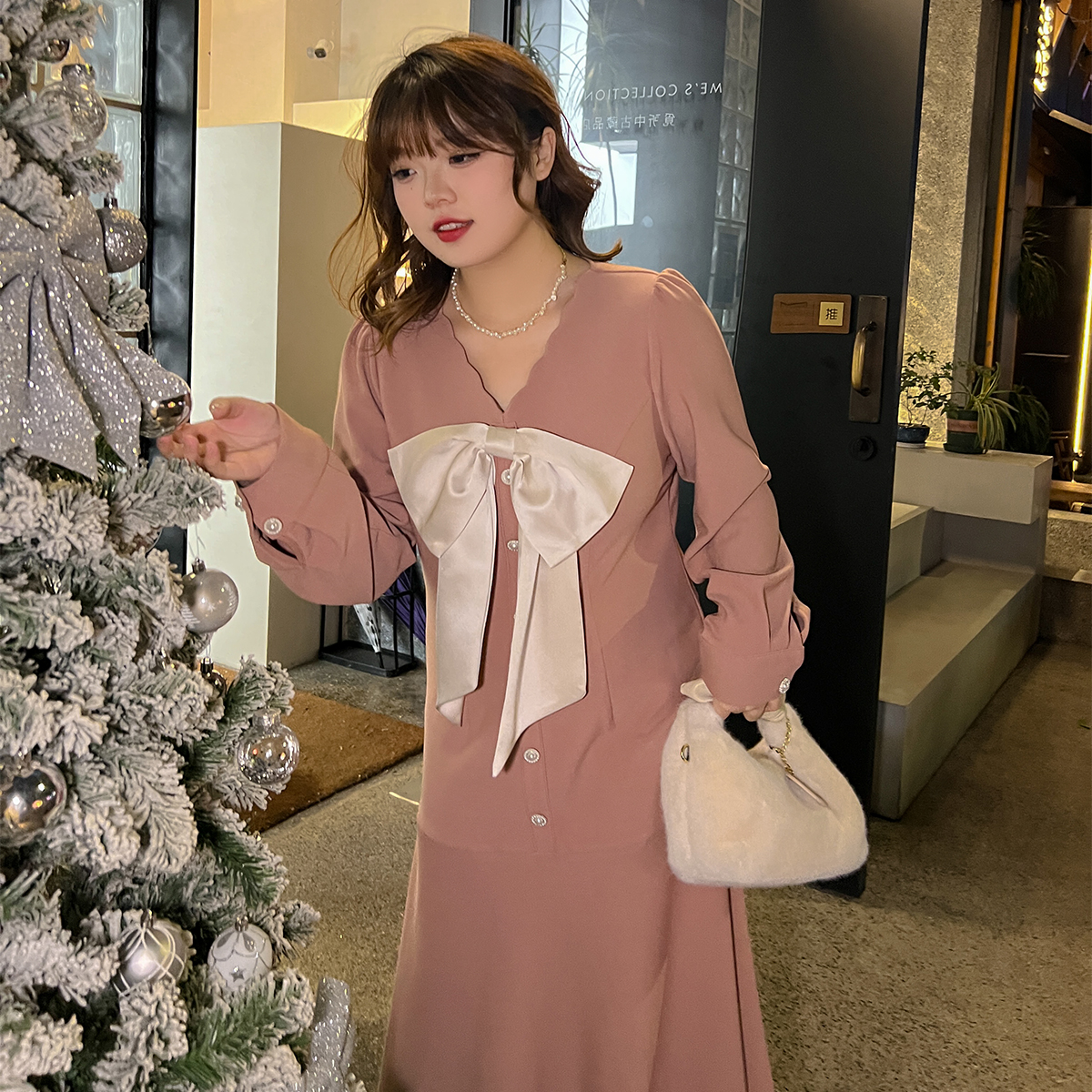 大码百分百鱼尾裙蝴蝶结连衣裙