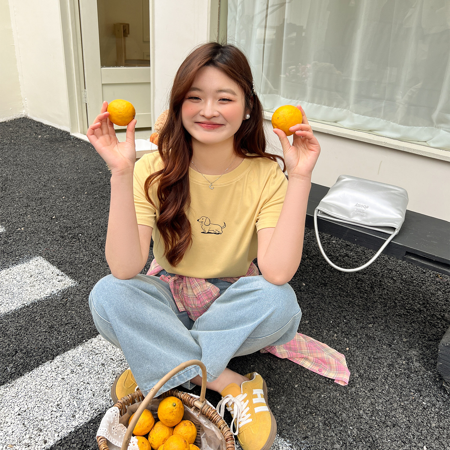 宽松纯棉T恤印可爱小狗印花