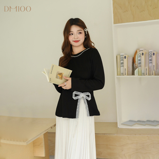 蕾丝蝴蝶结开叉圆领打底针织衫 微胖mm冬季 T恤 百分百女装 DM100大码