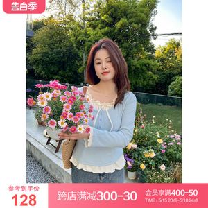 DM100大码百分百女装春微胖mm【U领T恤】修身长袖假两件撞色上衣