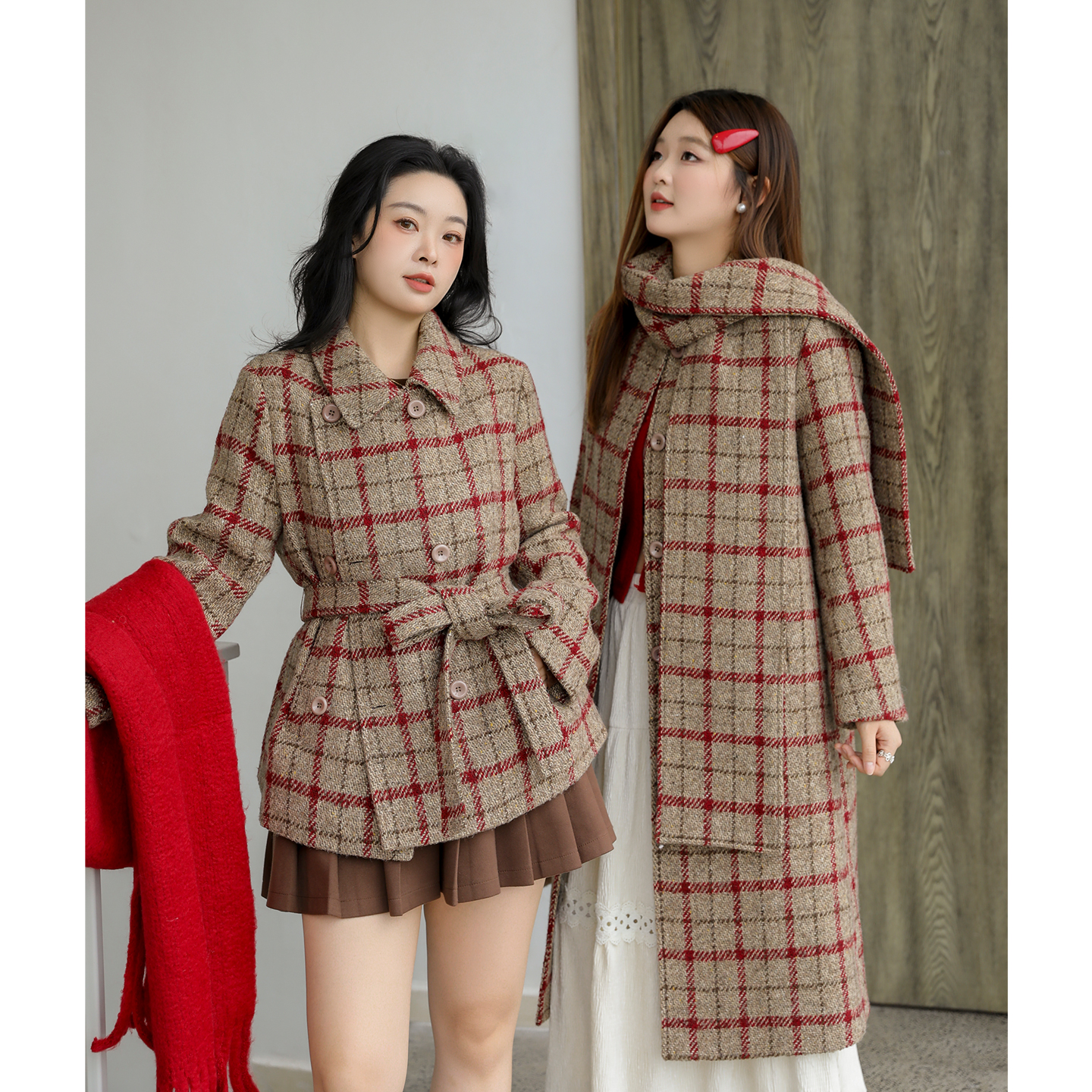 DM100大码百分百女微胖mm红咖色格纹正肩长短小香风编织毛呢外套