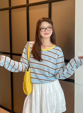 【年终清仓】DM100大码女装秋季显瘦百搭圆领长袖条纹撞色领T恤