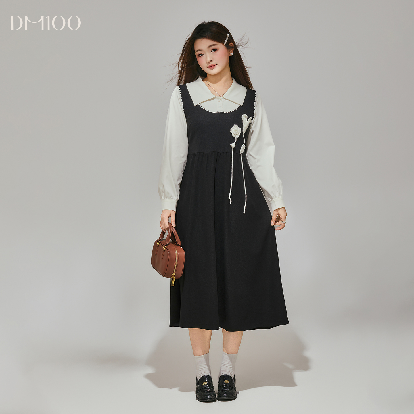 DM100大码百分百女装微胖mm冬季甜美撞色假两件收腰显瘦A版连衣裙