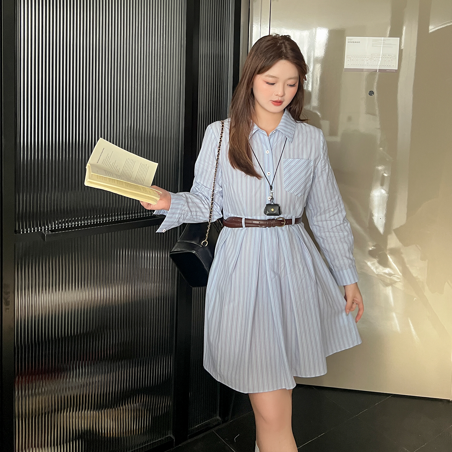 DM100大码百分百女装秋微胖mm学院风纯棉正肩条纹衬衫百褶连衣裙