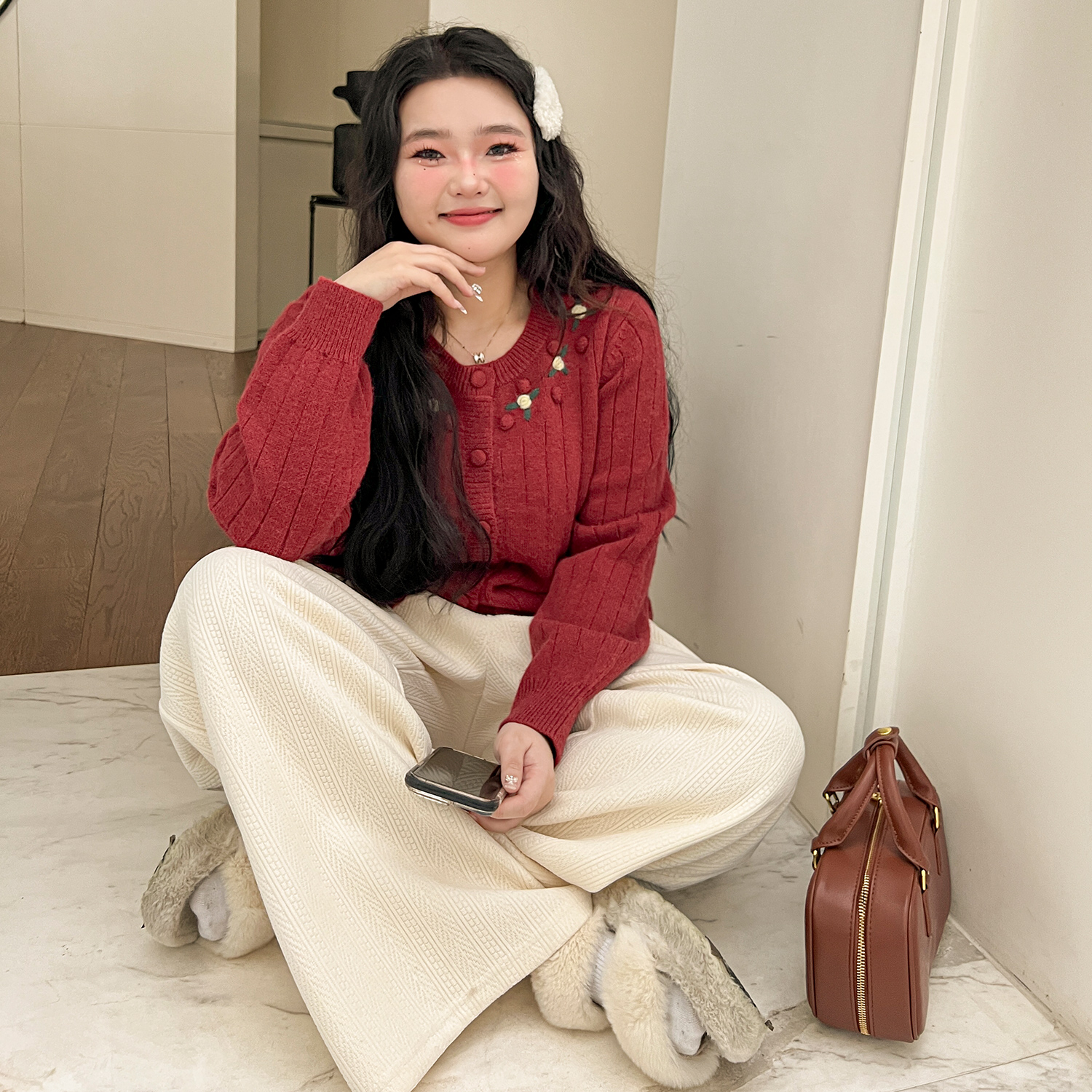 DM100大码百分百微胖mm女装打底内搭圆领立体花朵北极绒针织开衫