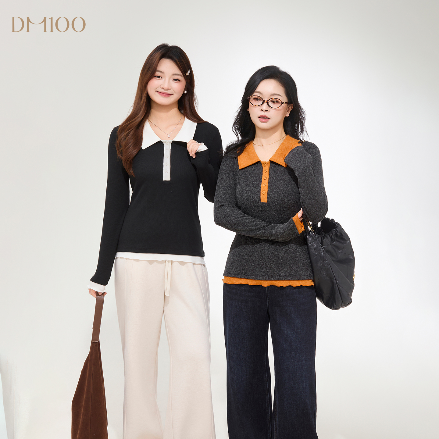 DM100大码百分百女装微胖mm冬季撞色翻领正肩显瘦波边针织打底T恤