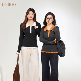 撞色翻领正肩显瘦波边针织打底T恤 微胖mm冬季 DM100大码 百分百女装