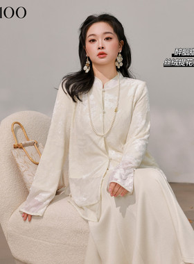 DM100大码百分百女装微胖mm冬季新中式优雅宽松双层丝绒提花衬衫
