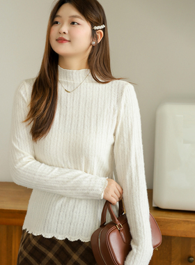 DM100大码百分百女装微胖mm冬季半高领正肩T恤高弹针织蕾丝打底衫