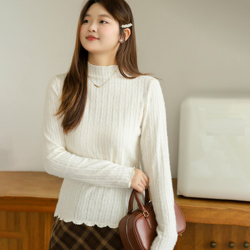 DM100大码百分百女装微胖mm冬季半高领正肩T恤高弹针织蕾丝打底衫