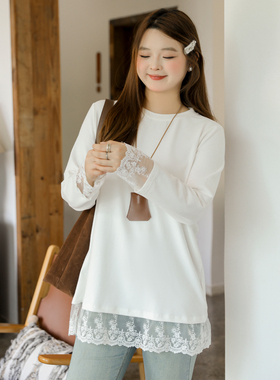 DM100大码百分百女装微胖mm秋季白色打底衫蕾丝拼接宽松正肩T恤
