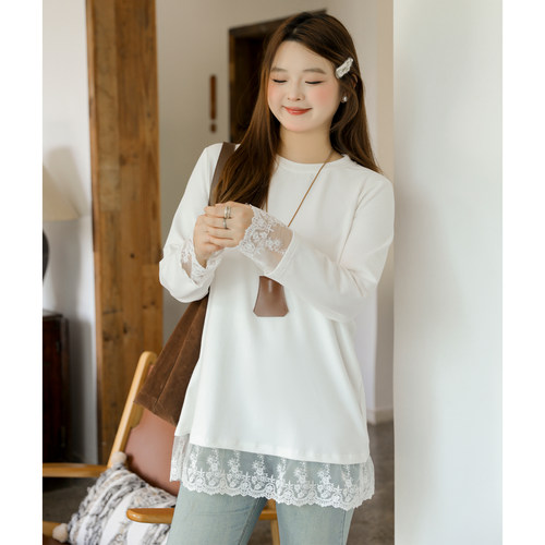 DM100大码百分百女装微胖mm秋季白色打底衫蕾丝拼接宽松正肩T恤