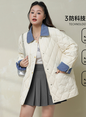 DM100大码百分百女装微胖mm冬插肩袖牛仔拼接轻薄短款羽绒服外套