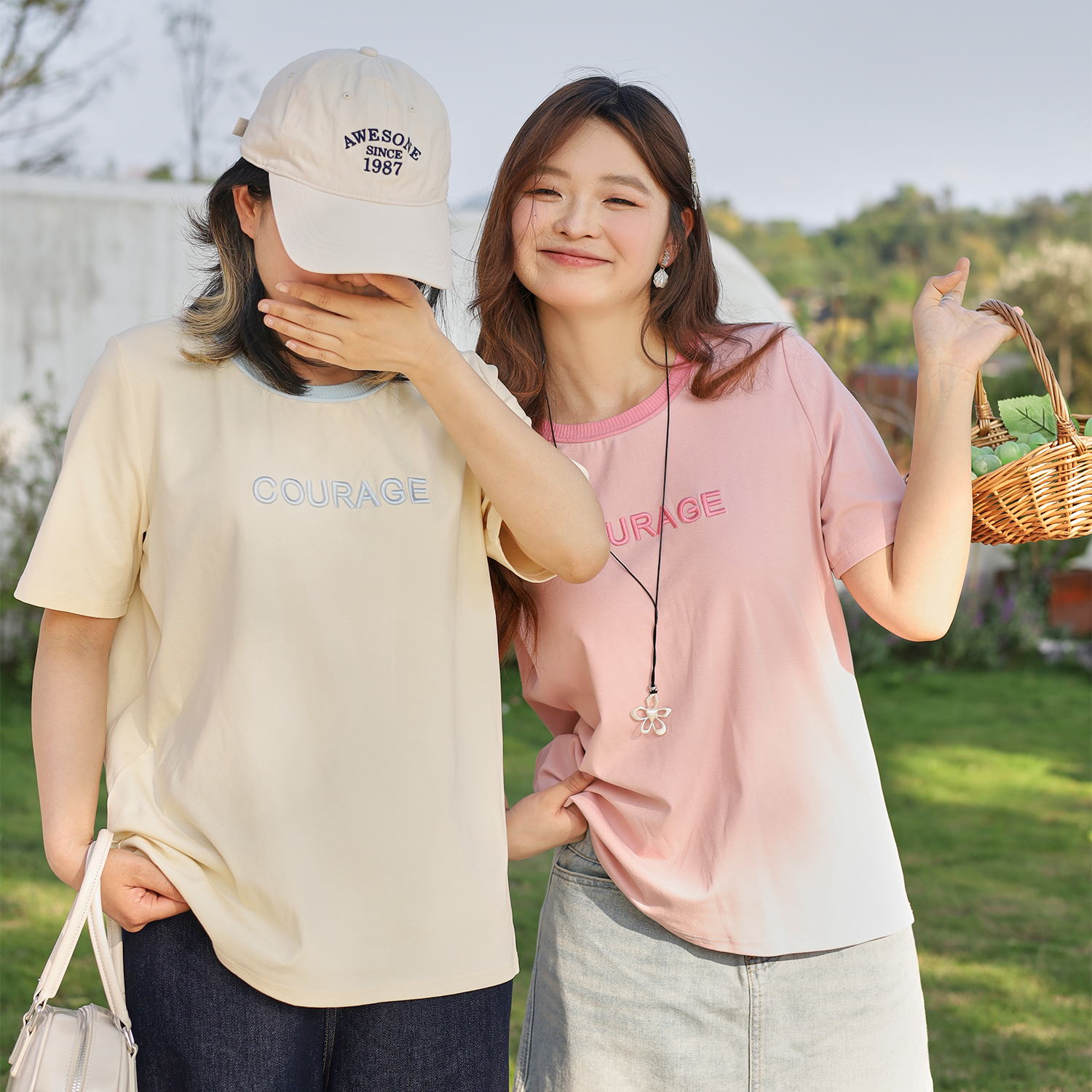 DM100大码百分百女装复古宽松显瘦藏肉微胖短袖T恤刺绣圆领上衣