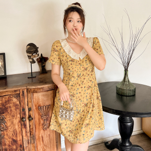 DM100大码 胖mm甜美V领花边撞色散摆显瘦碎花连衣裙 百分百女装 夏季