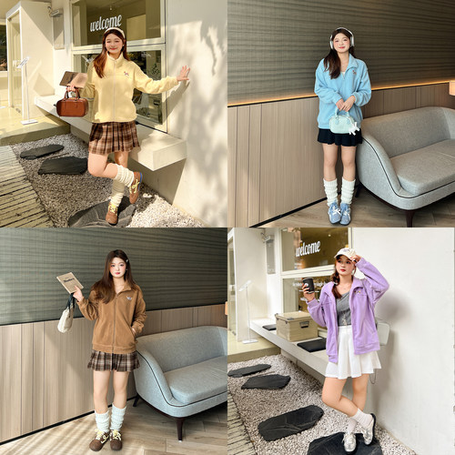 DM100大码百分百女装微胖mm秋季纯色百搭舒适宽松摇粒绒卫衣外套