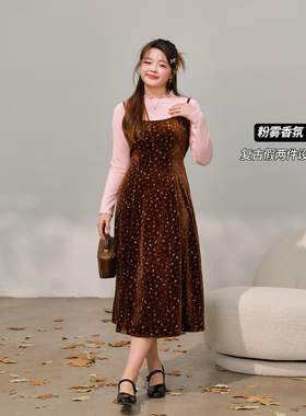 【12/26 单品85折+立减10%】DM100大码撞色丝绒碎花连衣裙