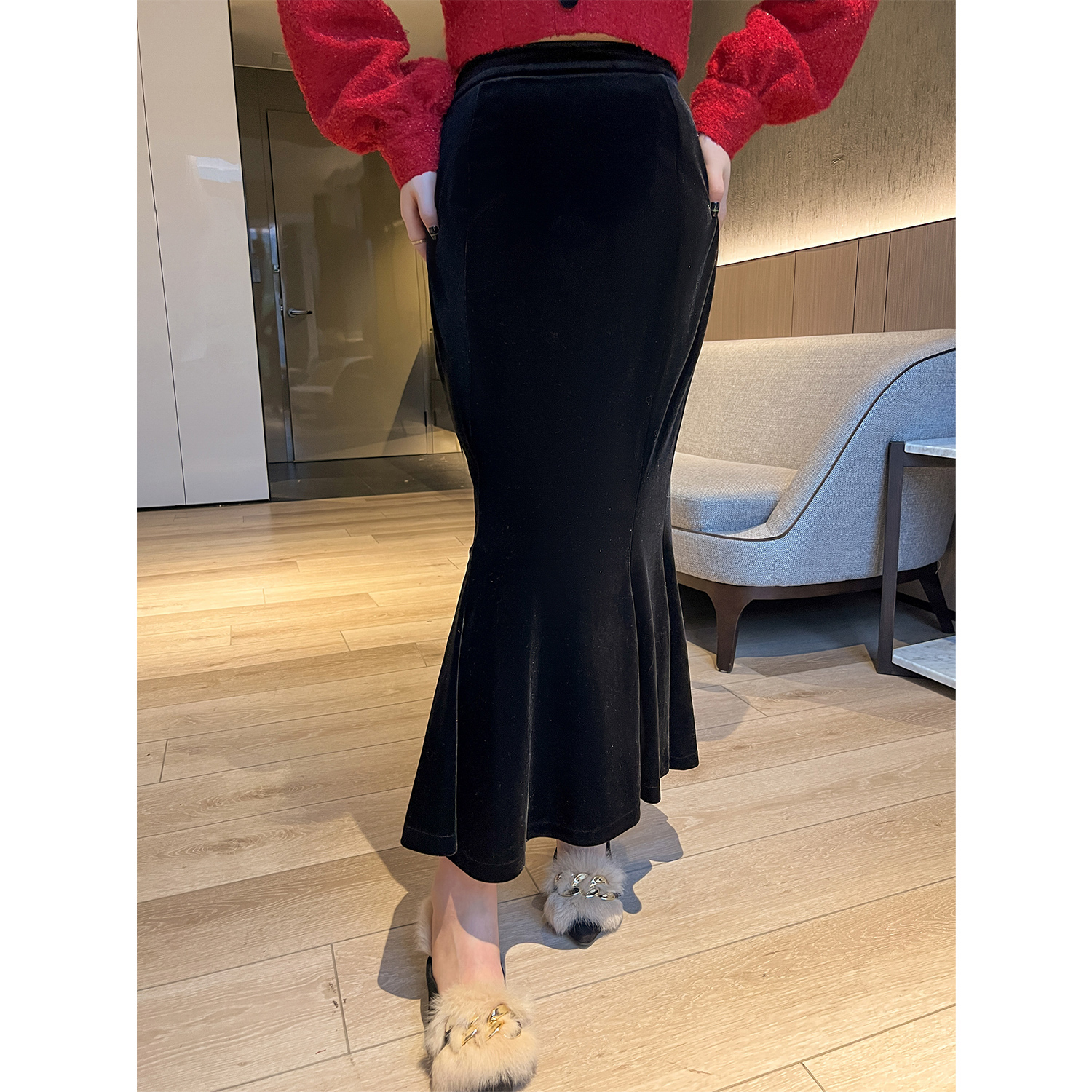 DM100高腰小香风丝绒鱼尾半身裙