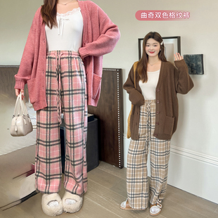舒适宽松遮肉磨毛格纹阔腿休闲裤 微胖mm秋季 百分百女装 DM100大码