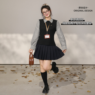 单品85折 立减10% DM100大码 百褶裙套装 假两件衬衫