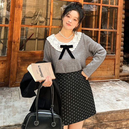 DM100娃娃领针织衫毛呢半裙套装