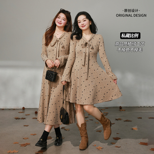 长短款 微胖mm冬季 V领系带蝴蝶结波点连衣裙 百分百女装 DM100大码