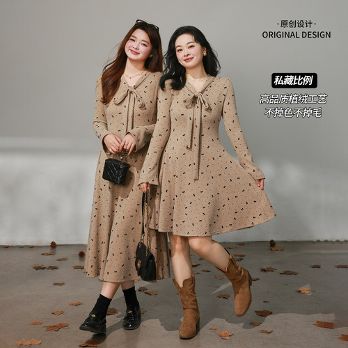 DM100大码百分百女装微胖mm冬季长短款V领系带蝴蝶结波点连衣裙
