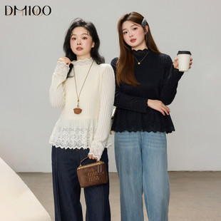 DM100大码百分百女装微胖mm冬季花边立领条纹正肩散摆蕾丝打底衫