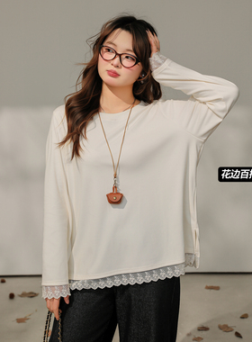 DM100大码百分百女装微胖mm春季韩系百搭正肩宽松蕾丝花边白色T恤