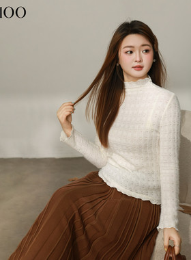 DM100大码百分百女微胖mm冬季甜美爱心半高领修身打底磨毛蕾丝衫