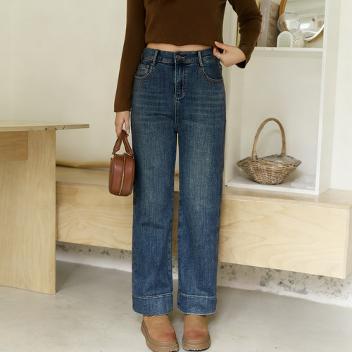 DM100大码百分百女装微胖mm冬季休闲百搭复古蓝色窄版直筒牛仔裤