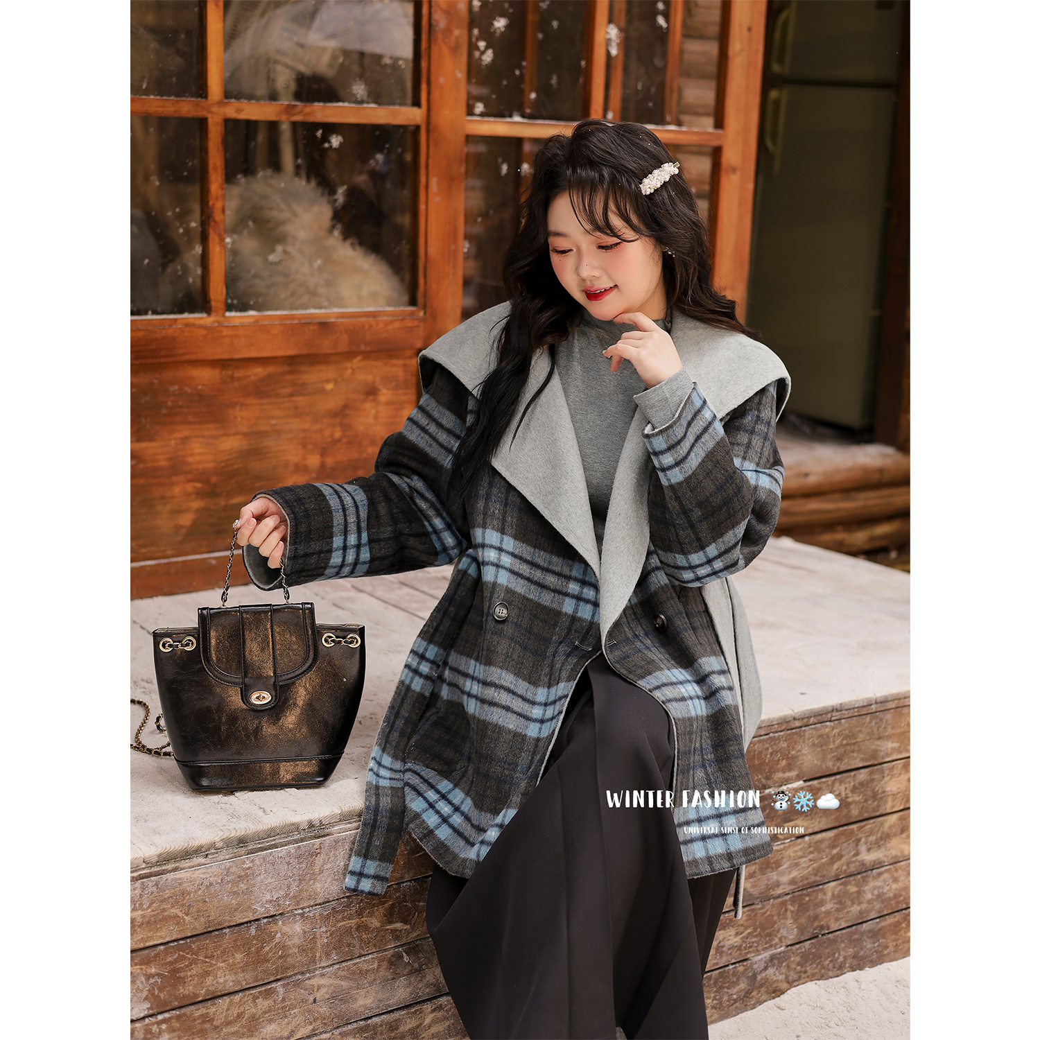 DM100海军领正反穿双面毛呢外套