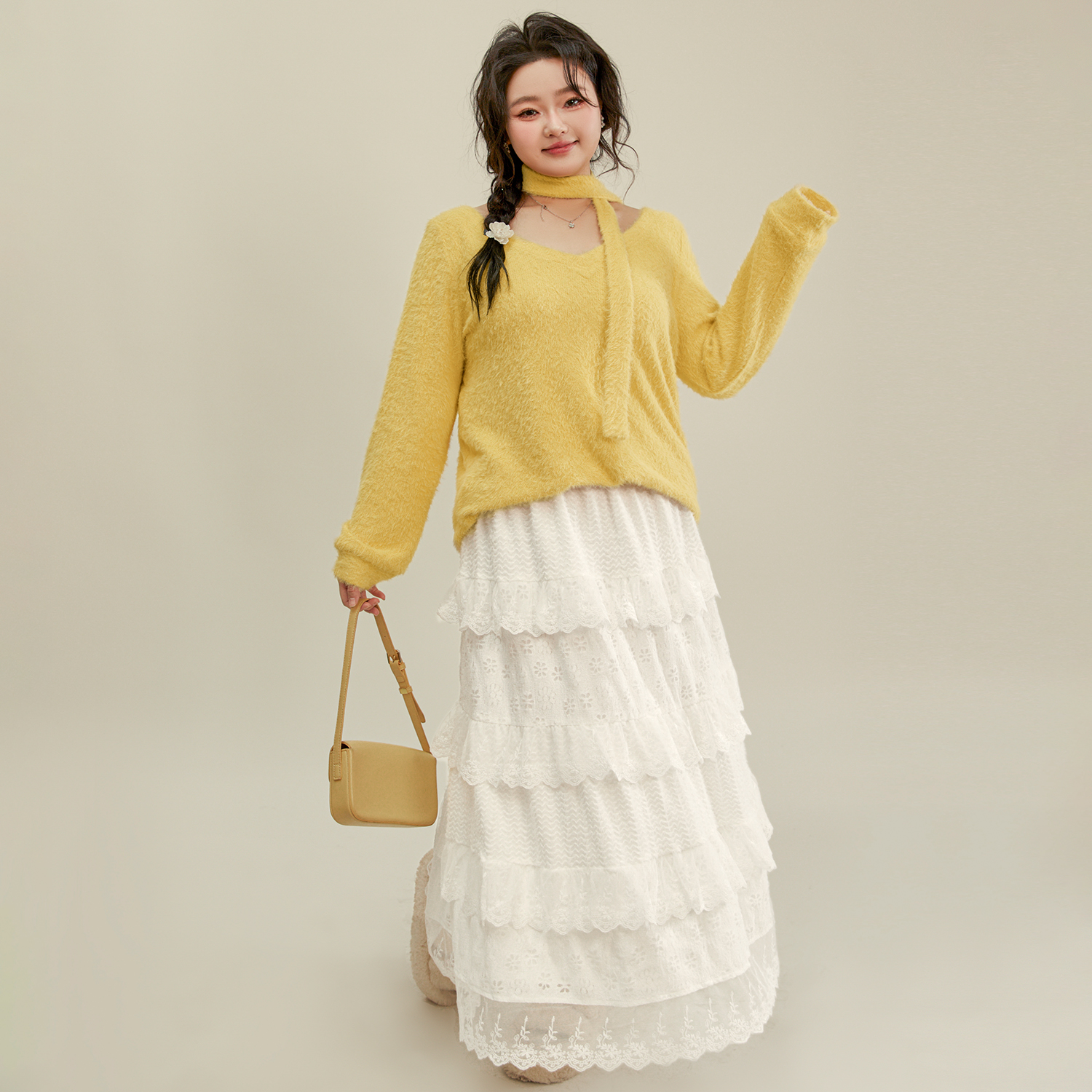 DM100大码百分百胖mm女装V领仿水貂毛衣温柔a字长款蛋糕裙套装