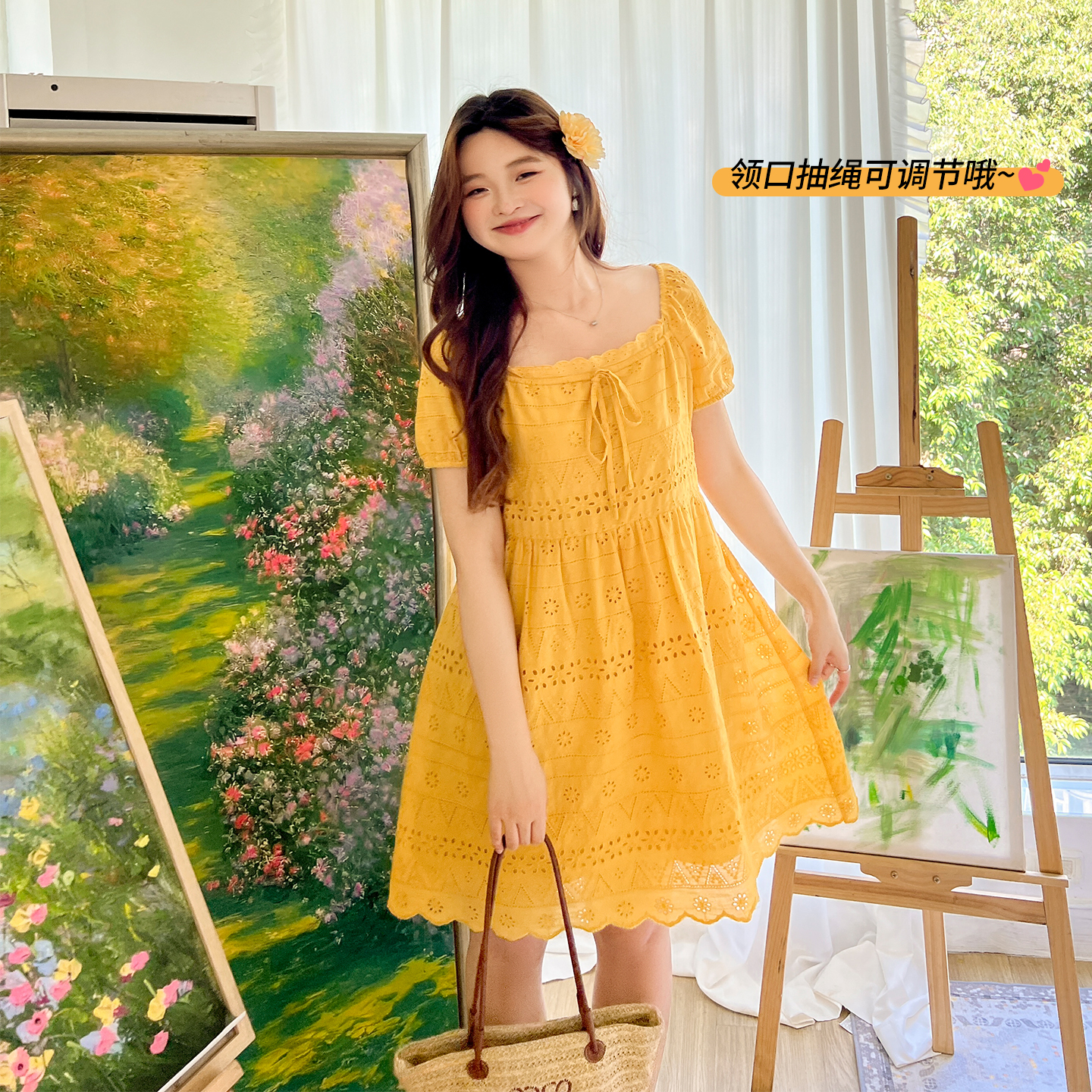 DM100大码百分百女装夏季微胖mm显瘦遮肉甜美刺绣纯棉方领连衣裙