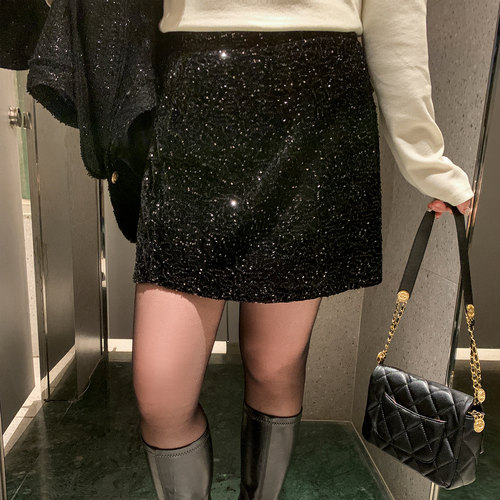 纯欲设计感亮片裙a字半身裙