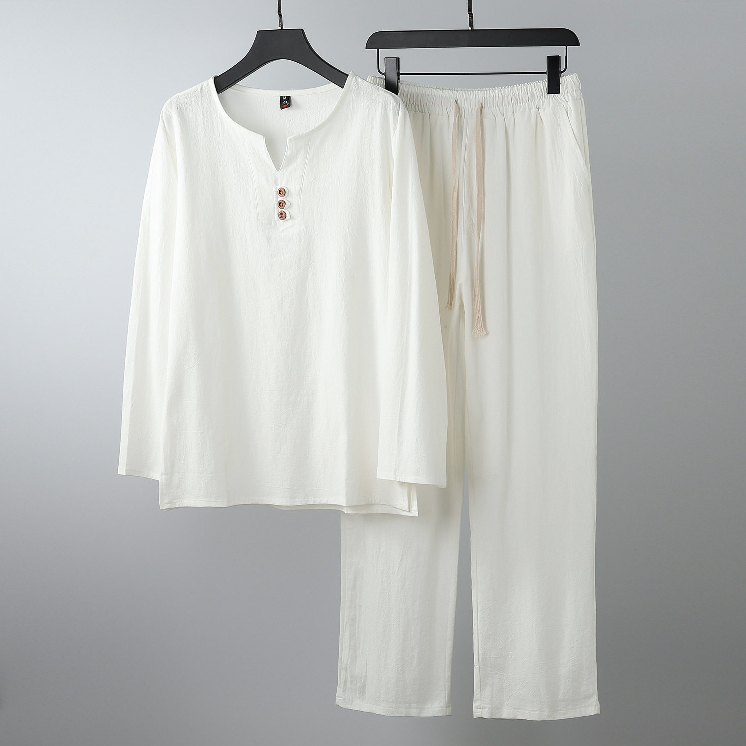 OVERSIZED AUTUMN COTTON AND LINEN LONG SLEEVE T-SHIRT SET MALE FAT MAN PLUS SIZE LINEN TANG SUIT TWO-PIECE FAT GUY