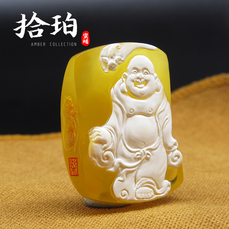 拾珀 柴秀文作品蝙蝠大肚弥勒佛雕刻件 巧雕瓷白白蜜琥珀蜜蜡吊坠