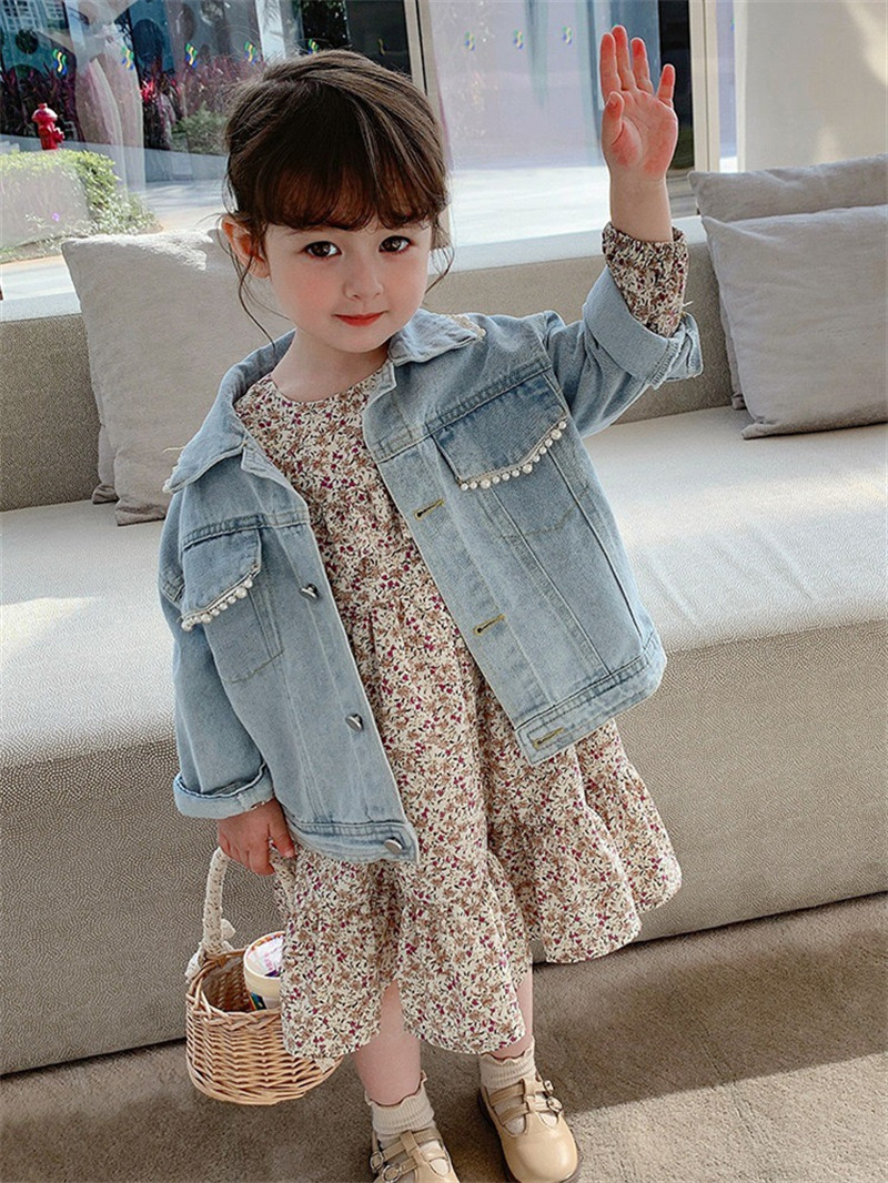 2024 봄 가을 신사복 진주 한국 스타일 아동 데님 자켓 베이비 스타일 코튼 캐주얼 가디건 탑