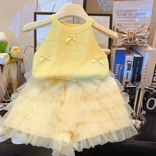 女童夏季套装2025新款韩范儿童黄色吊带背心网纱蓬蓬短裙两件套潮