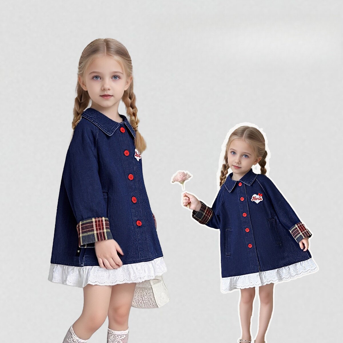 女童上衣2025秋季新款韩版儿童牛仔外套宝宝设计感拼接翻领衬衫裙