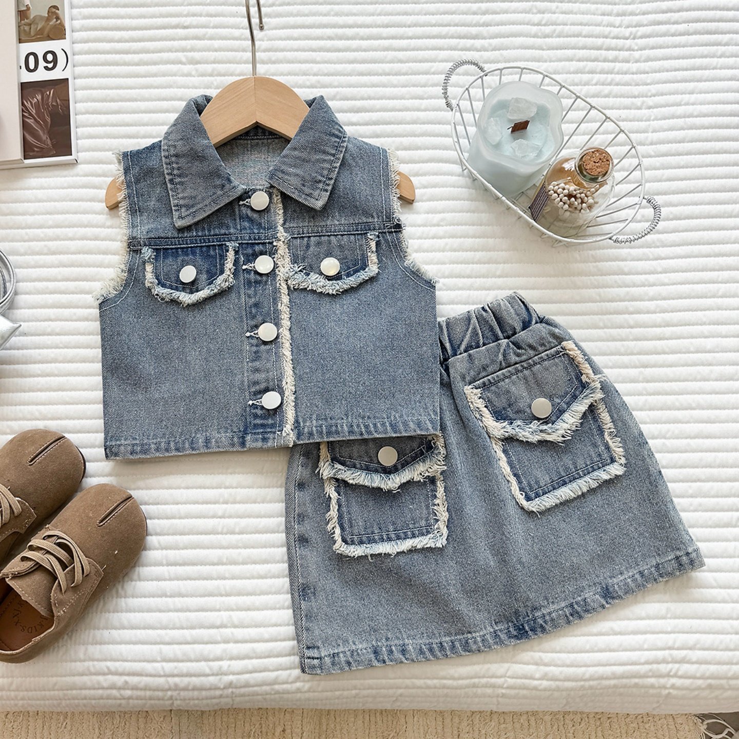 女童时尚无袖牛仔背心套装2026夏季新款韩版毛须边半身裙两件套潮,童装/婴儿装/亲子装,套装,淘宝优惠券,粉丝福利购,淘宝优惠卷