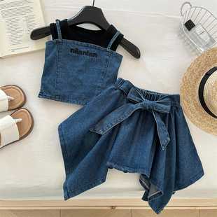 小女孩不规则牛仔裙子网红三件套 2025款 夏季 女童背心内搭时髦套装