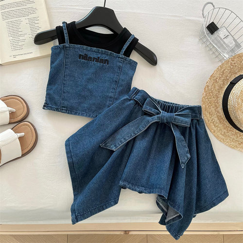 女童不规则牛仔裙子网红三件套