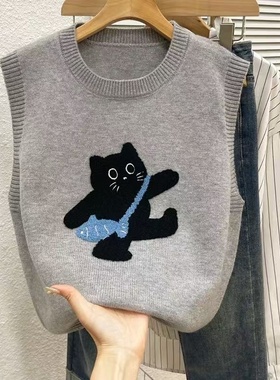 儿童针织马甲背心韩版秋冬女童卡通猫咪针织圆领毛衣刺绣无袖坎肩