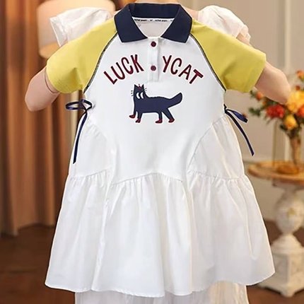 女童POLO领连衣裙夏季2025新款儿童拼色中长裙T恤裙可爱休闲裙子